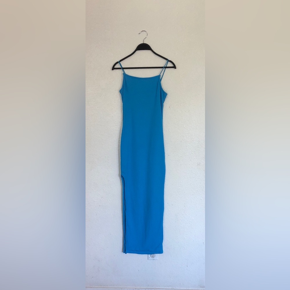 Sleek Turquoise-Blue Maxi Slip Dress with Side Slit